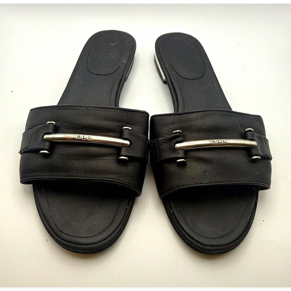 LAUREN Ralph Lauren Women's Black Leather Logo Slide Sandals Slip-On Size 8B